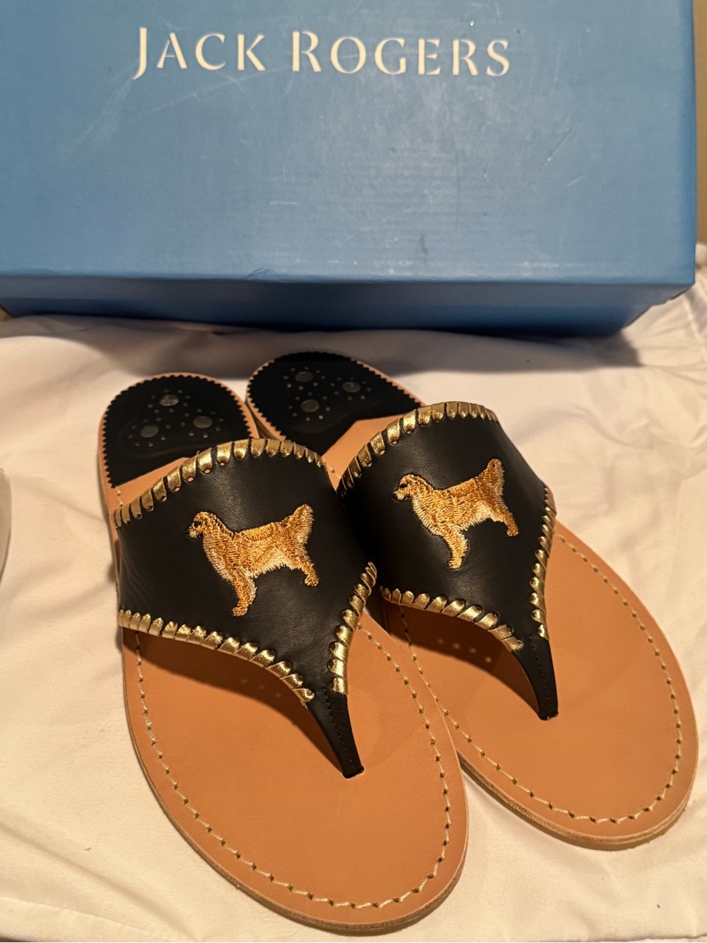 NWOT Jack Rogers Navy Blue & Tan Embroidered Dog Thong Sandals - Women’s size 9 - Picture 9 of 9